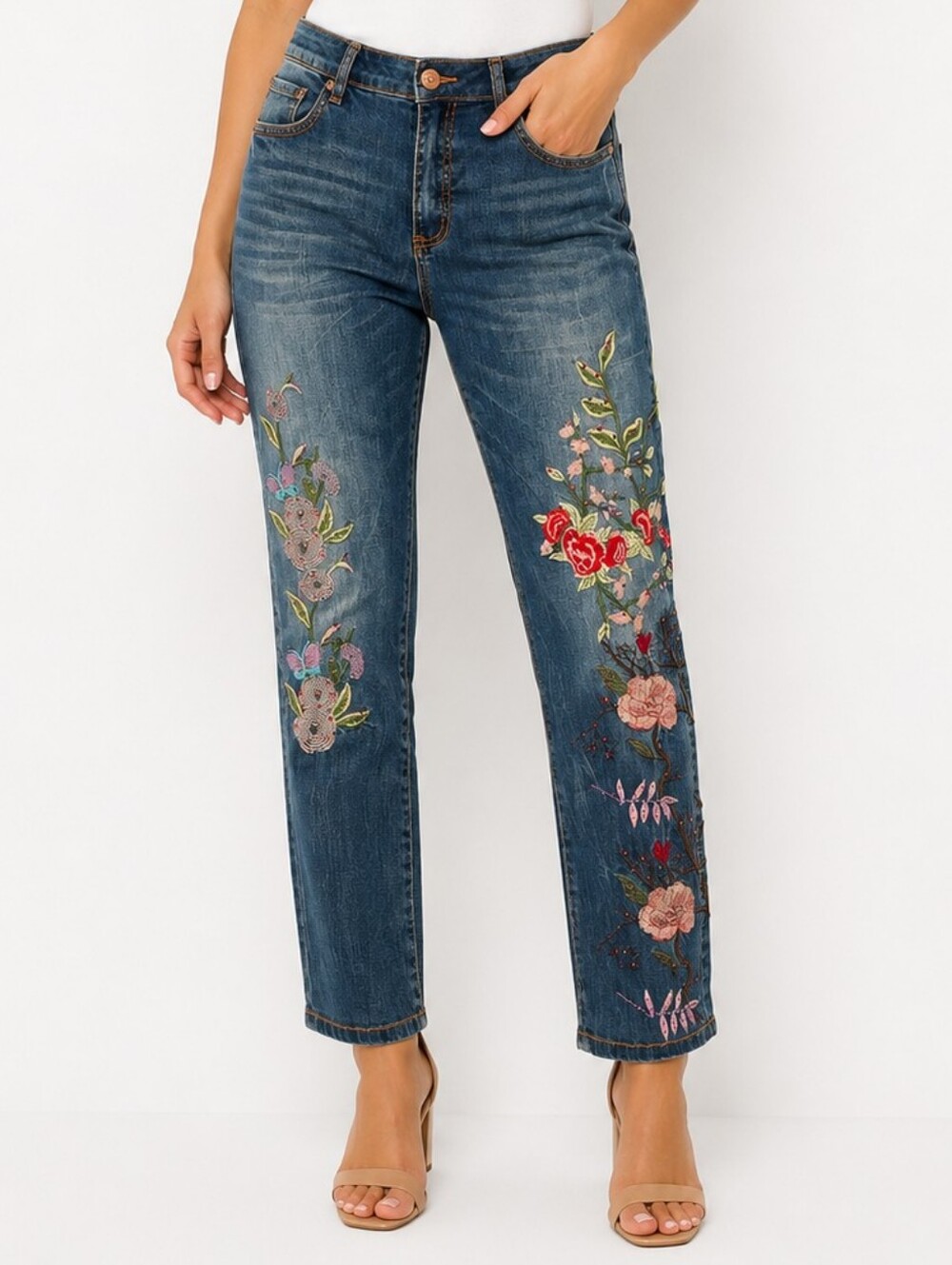 V Cristina Embroidered Floral Jeans Size 14 Boho Rhinestone Denim